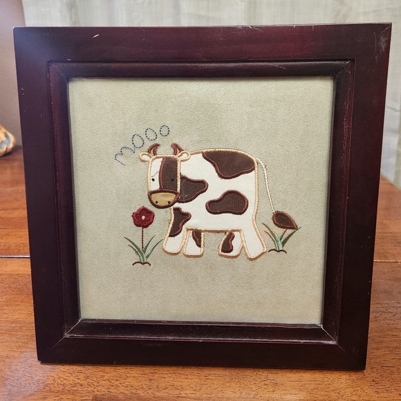 Country Farm House Framed  Wall Art Fabric Embroidered  Cow - Picture 1 of 6